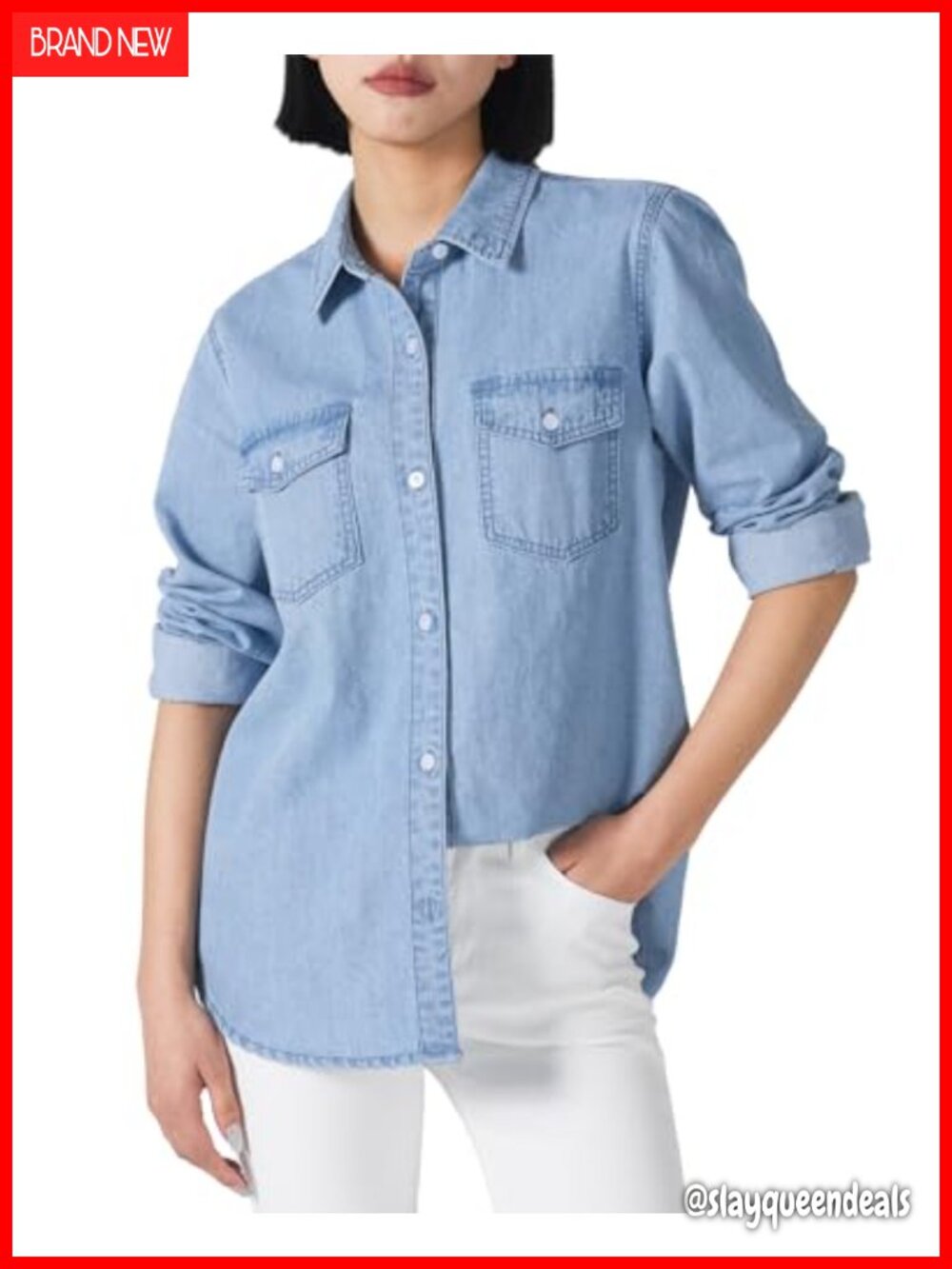 Women's 100% Cotton Denim Button Down Shirt Long Sleeve Casual Chambray Top